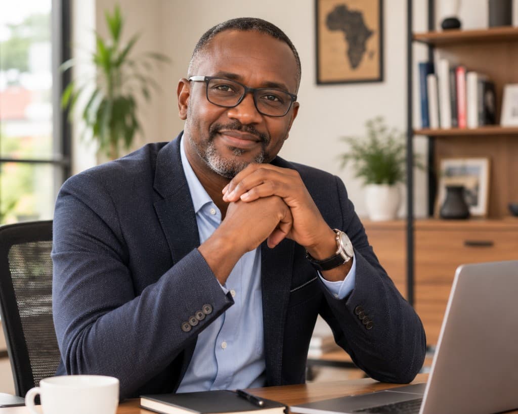 David Mwangi, IT services founder in Nairobi, Kenya, smiling at his desk in a professional office after forming a US company with Foundery USA