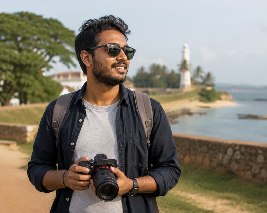 Nimal Perera, travel and tourism founder in Sri Lanka, holding a camera near the coast after setting up a US LLC with Foundery USA