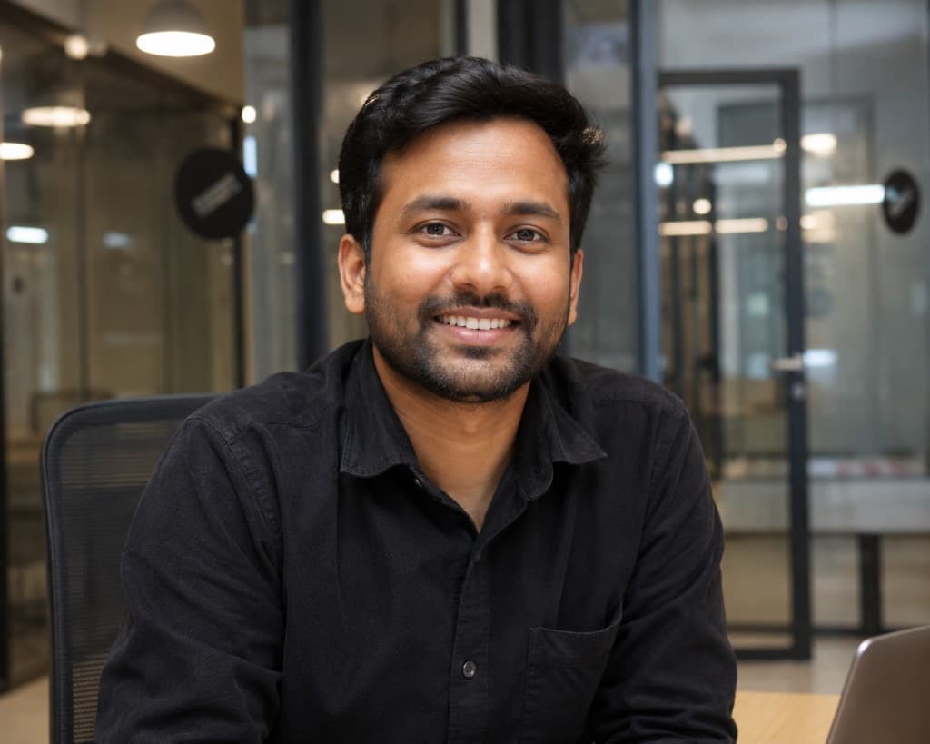 Arjun Mehta, SaaS founder in Bengaluru, smiling in a modern office after forming a US company with Foundery USA